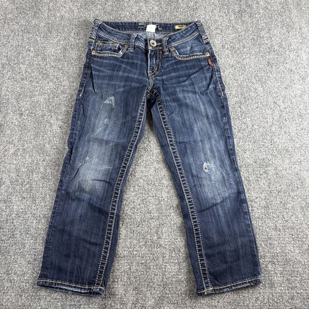 Silver Jeans Co Aiko Capri Distressed Mid Rise Cropped Jeans Thick Stitch W25
